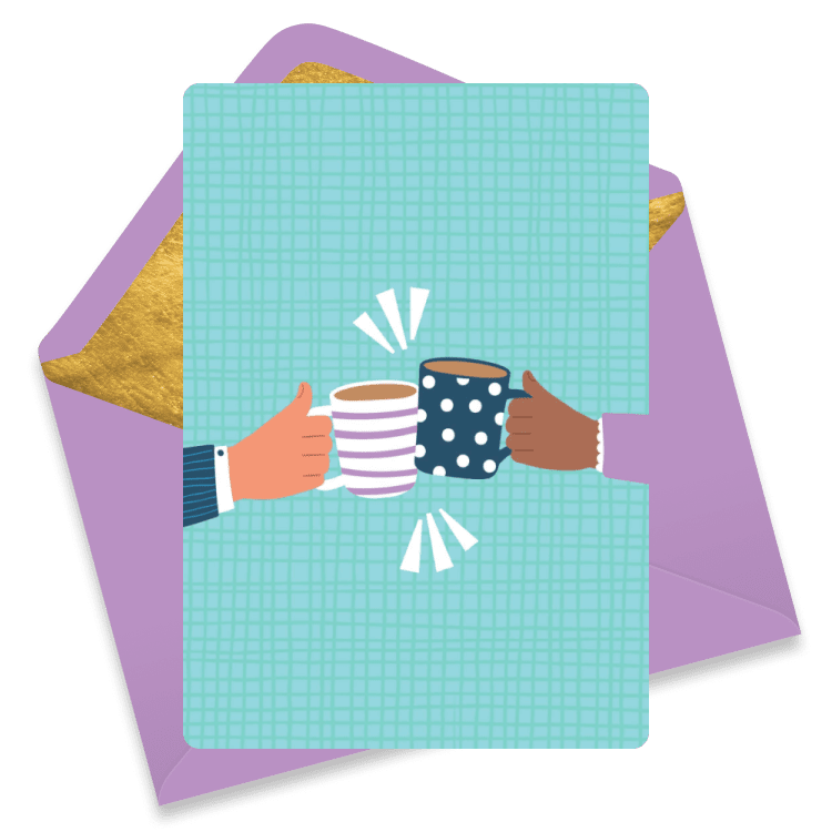 Congratulations eCard with two hands clinking patterned coffee mugs on a teal grid background.