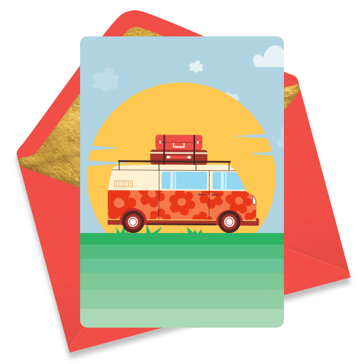 Birthday card with a retro van decorated with flowers and luggage on top driving at sunset.