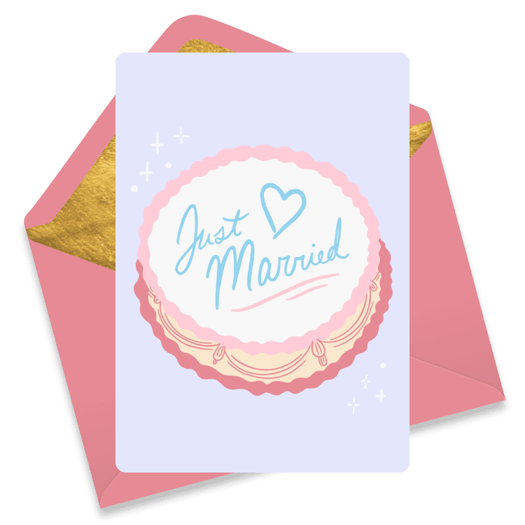 Charming wedding eCard with an illustrated cake featuring the text 'Just Married' in script with a heart on top, set against a light background.