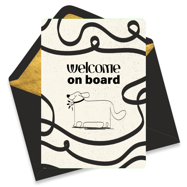 Minimalist eCard with a line drawing of a dog, playful lines, and the text 'Welcome on board' on a textured background.