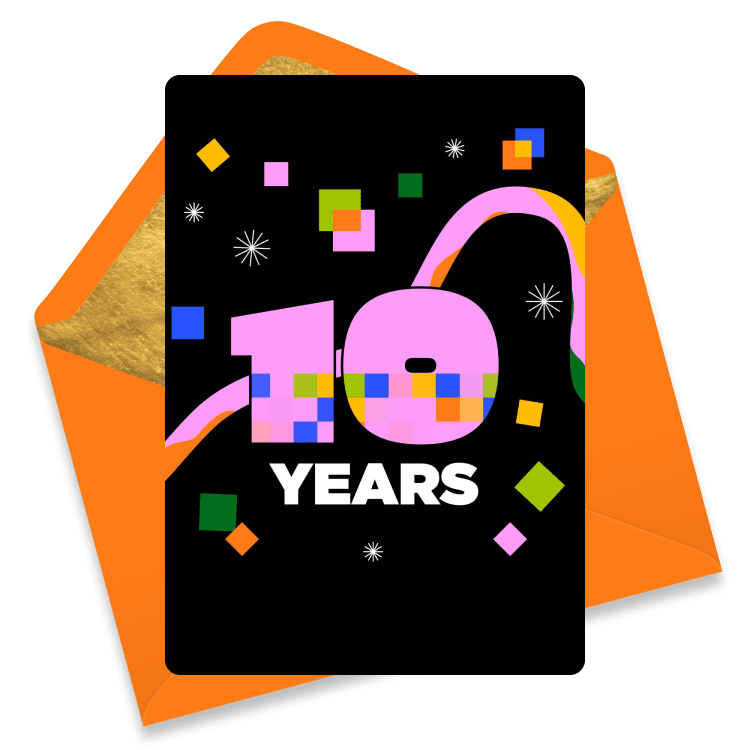 Bold eCard featuring a large pink '10' decorated with colorful squares, with 'Years' below on a black background with confetti.
