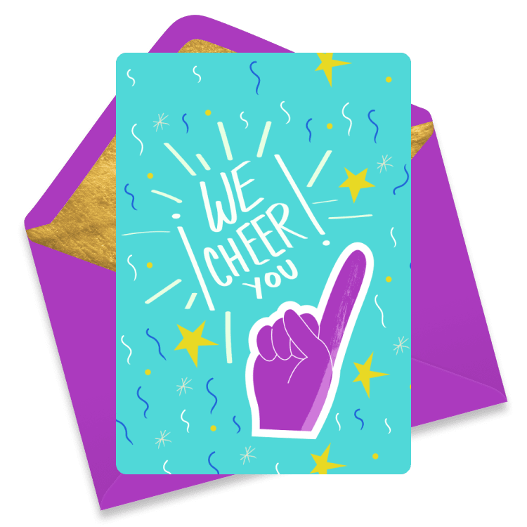 Energetic eCard with a purple foam finger, stars, and confetti on a turquoise background with the text 'We Cheer You'.