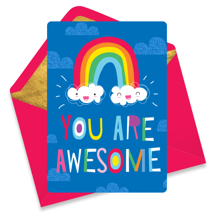 Cheerful congratulations eCard with smiling clouds, a rainbow, and bold letters spelling “YOU ARE AWESOME” on bright blue.