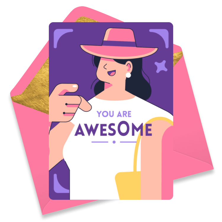 Modern illustration congratulations eCard saying You Are Awesome with a stylish person pointing toward the viewer on a purple and pink layout.