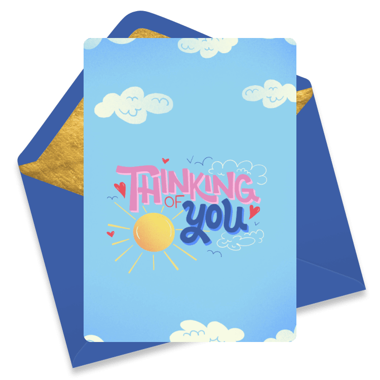 A thinking of you card with clouds, sun, and blue sky reading 'Thinking of You'.