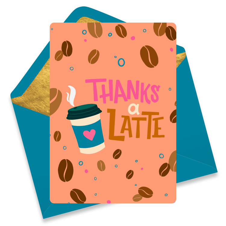Punny, coffee-themed thank you eCard with coffee beans floating through the air. A steaming takeaway cup of java sits beside the message 