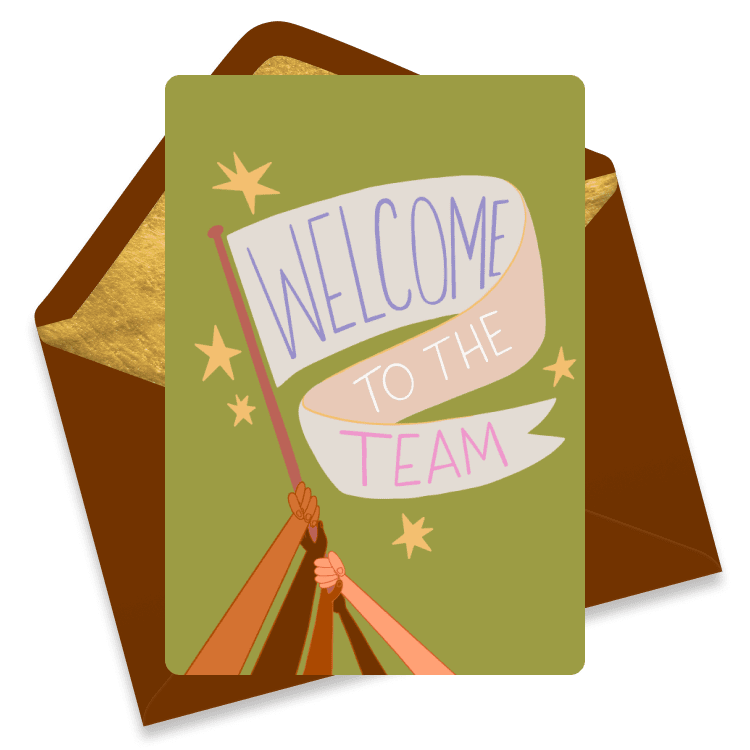 Friendly eCard with illustrated hands holding a flag that reads 'WELCOME TO THE TEAM' surrounded by stars on a green background.