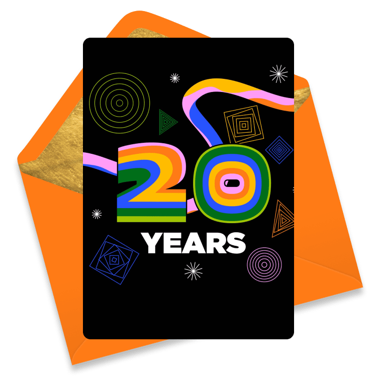 Bright eCard celebrating 20 years with a large rainbow-colored '20', surrounded by geometric shapes on a black background.