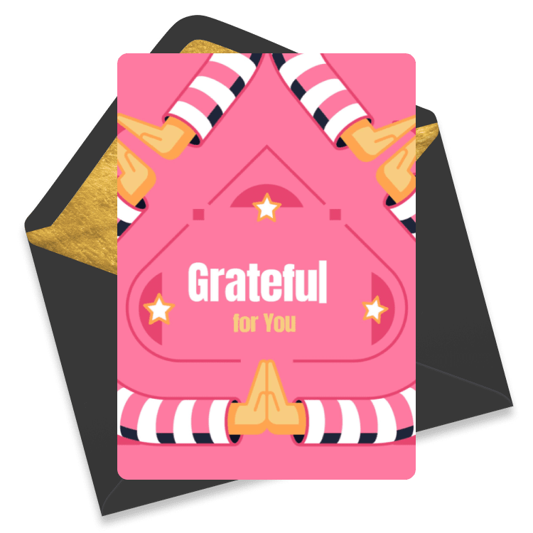Pink congratulations eCard reading Grateful for You with mirrored hands in a heart shape and small stars on a geometric background.