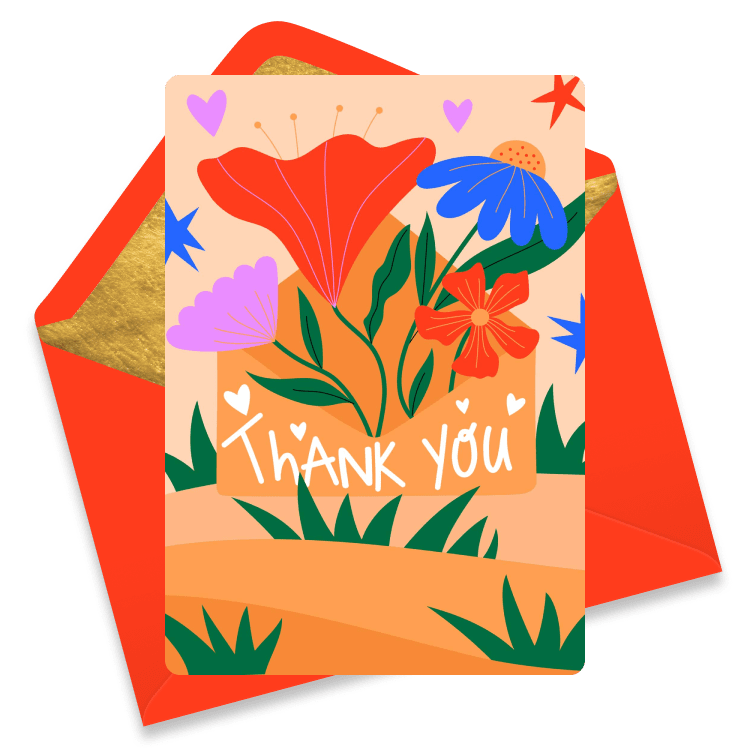 Colorful floral thank you eCard with bold red, blue, and purple blooms, heart accents, and hand-drawn “Thank You” text on a peach background. A cheerful and heartfelt way to express your gratitude.