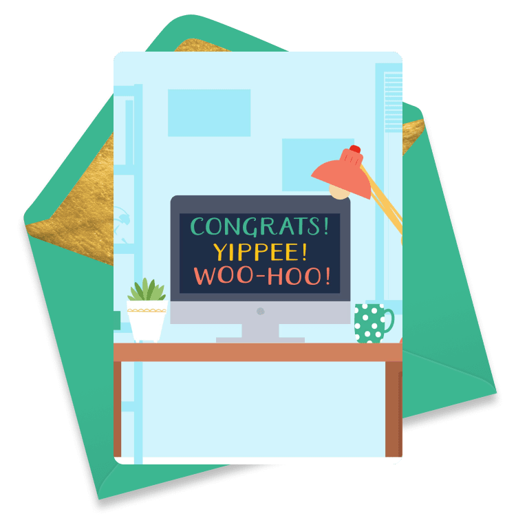 Work-from-home themed eCard with a desk, computer screen showing 'Congrats! Yippee! Woo-hoo!' in colorful text, and a coffee mug.