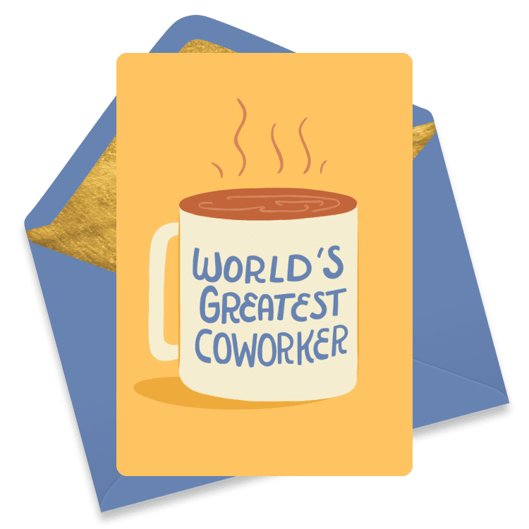 Simple eCard with a steaming coffee mug labeled 'World's Greatest Coworker' on a yellow background.