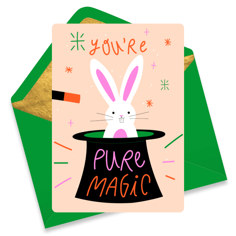 Playful congratulations eCard showing a white rabbit popping from a magician’s hat with sparkles and the words “You’re Pure Magic.”
