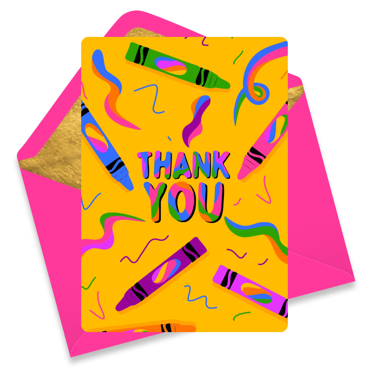 Bright and colorful thank you eCard featuring vibrant crayons and confetti-style doodles on a bold yellow background with multicolored “Thank You” text. A fun and creative way to show appreciation.