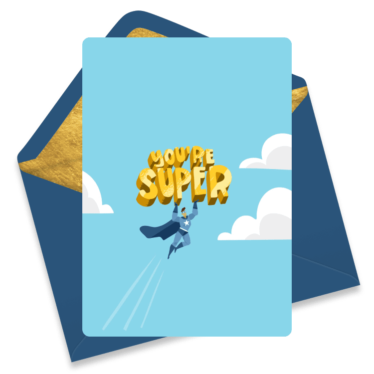 Playful eCard with a superhero flying among clouds under the text 'You're Super' in bold yellow letters.