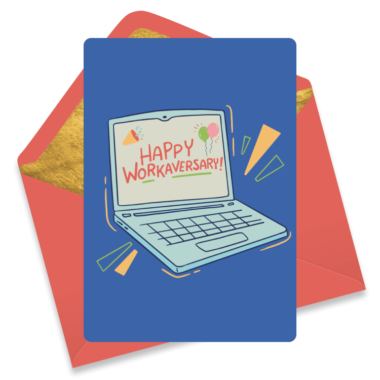 Fun eCard with an open laptop displaying 'Happy Workaversary!' with balloons and confetti on a blue background.