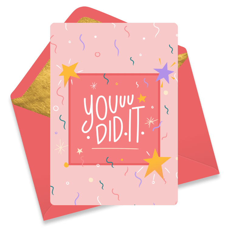 Pink congratulations eCard with confetti, stars, and hand‑lettered text reading “Youuu Did It.” Festive, celebratory design.
