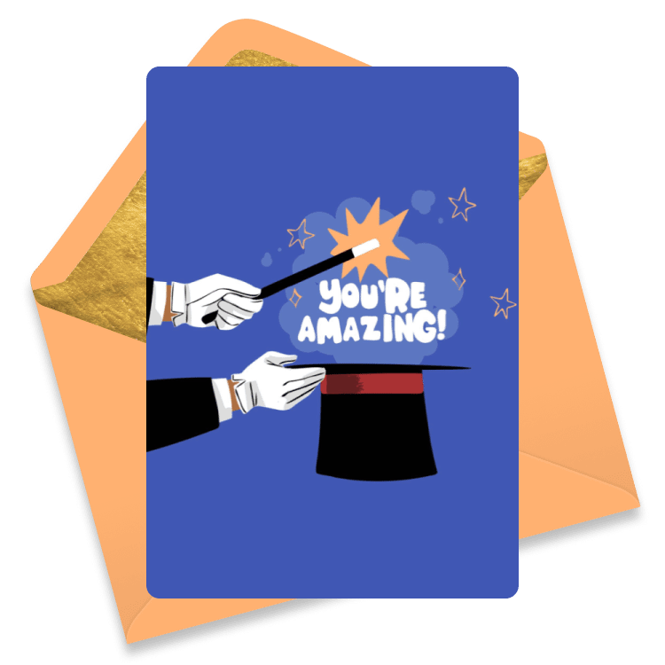 Magic-themed congratulations eCard with gloved hands, wand, and a top hat revealing the words You're Amazing amid stars and sparkles.