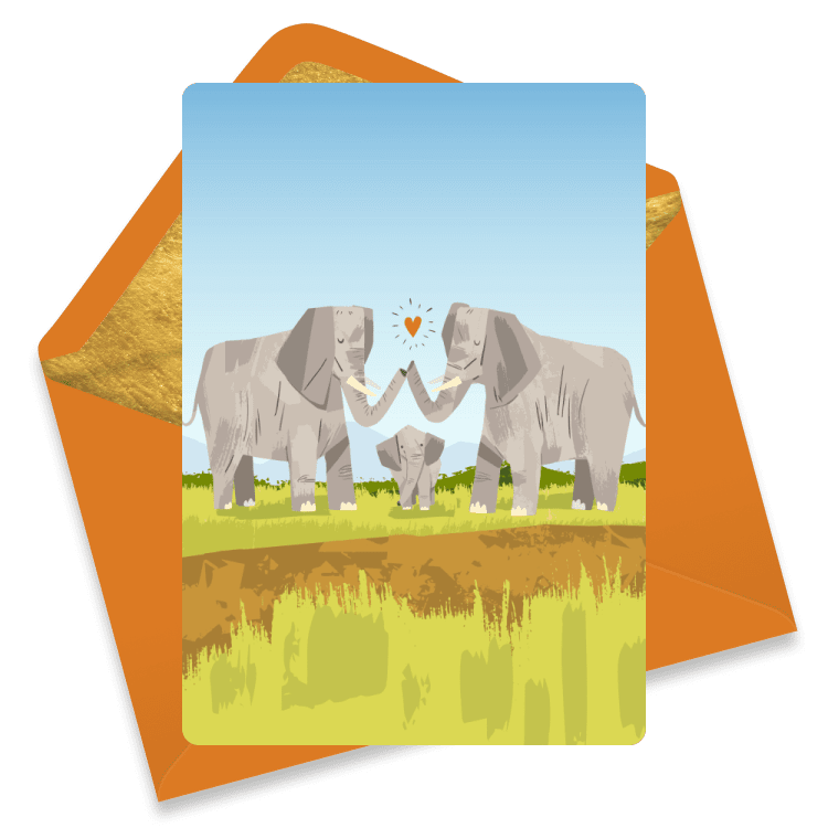 A card with a family of elephants holding a heart between their trunks.