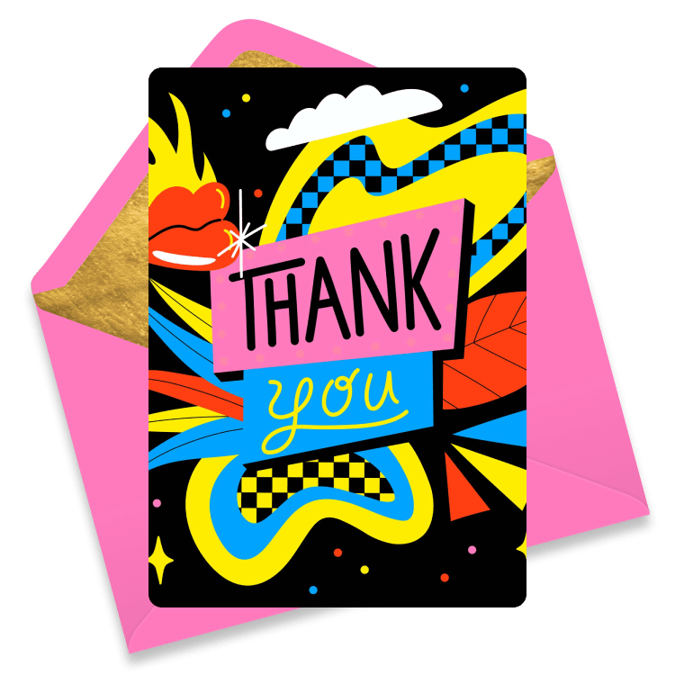 Vibrant pop-art style thank you eCard with a bold black background, colorful abstract shapes, lightning bolts, lips, and retro typography that says “Thank You.” A dynamic and eye-catching way to express gratitude.