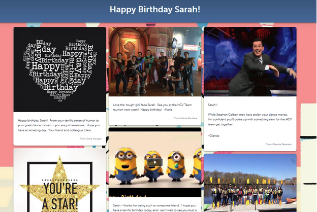 A Kudoboard ecard displaying Happy Birthday messages