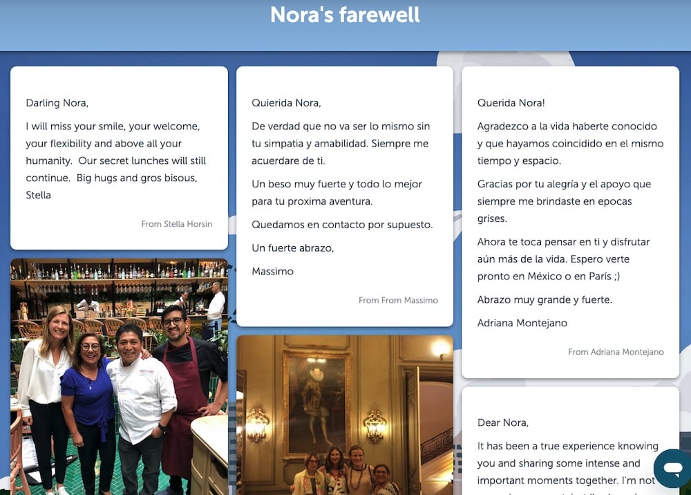 A farewell ecard / Kudoboard for a woman named Nora