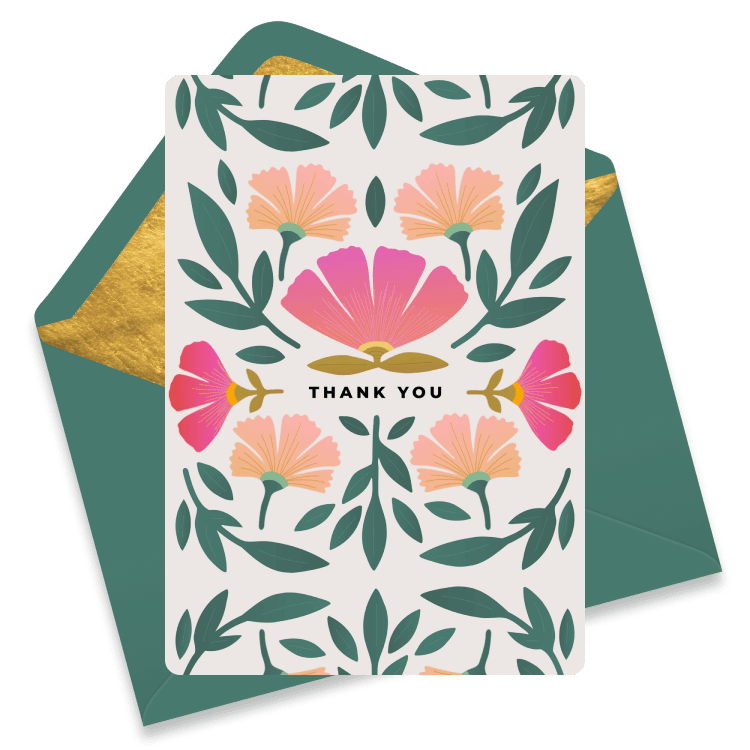 A floral thank you eCard with symmetrical pink, orange, and yellow flowers and leafy green branches on a light background.