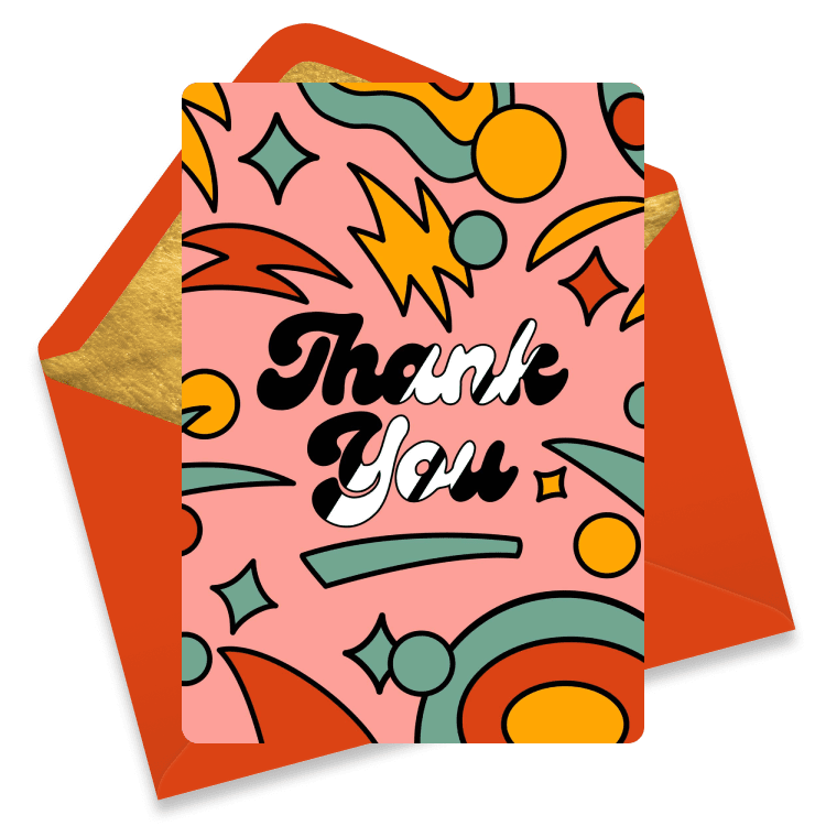 A retro-inspired thank you eCard with bold black and white lettering, surrounded by playful orange, green, and red shapes on a pink background.
