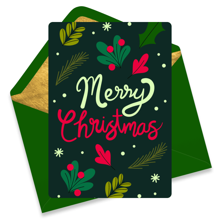 Christmas eCard with green background, holly, mistletoe, and hearts, featuring the words 'Merry Christmas'. Green envelope.