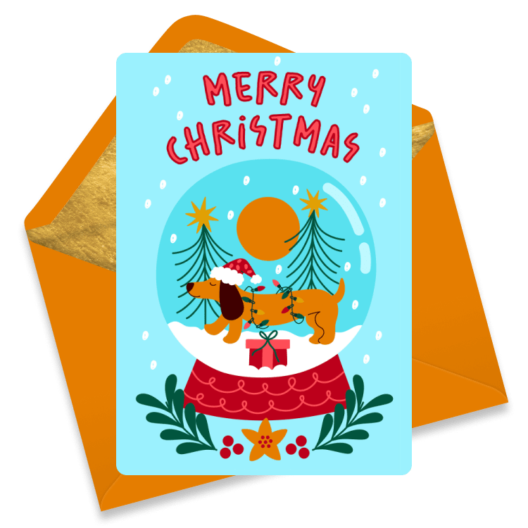 Christmas eCard with a dachshund in a Santa hat inside a snow globe with trees, stars, and the words 'Merry Christmas'. Orange envelope.