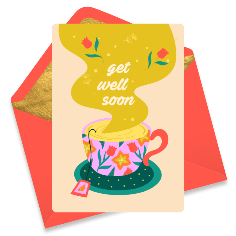 A cheerful get well soon eCard with a floral teacup releasing steam that spells 'get well soon' in yellow with a red envelope background.