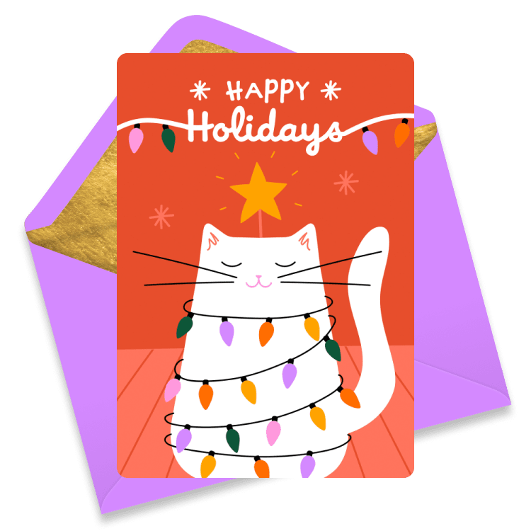 Christmas eCard with a white cat wrapped in Christmas lights under a star, with the text 'Happy Holidays'. Purple envelope.