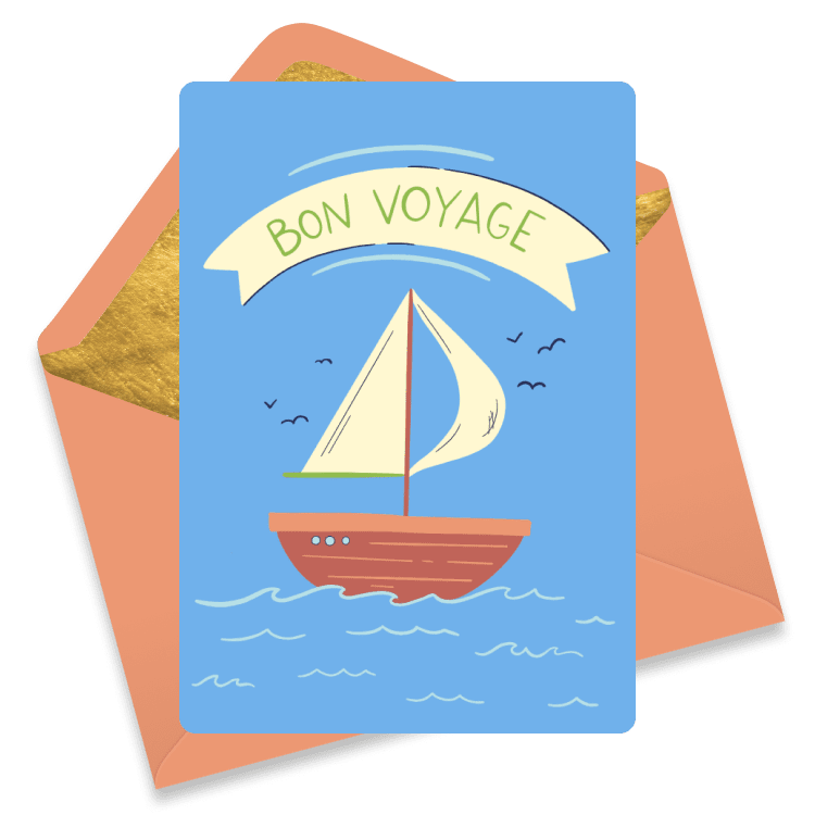 A nautical bon voyage eCard with a sailboat on blue waters under a 'Bon Voyage' banner, surrounded by flying birds.