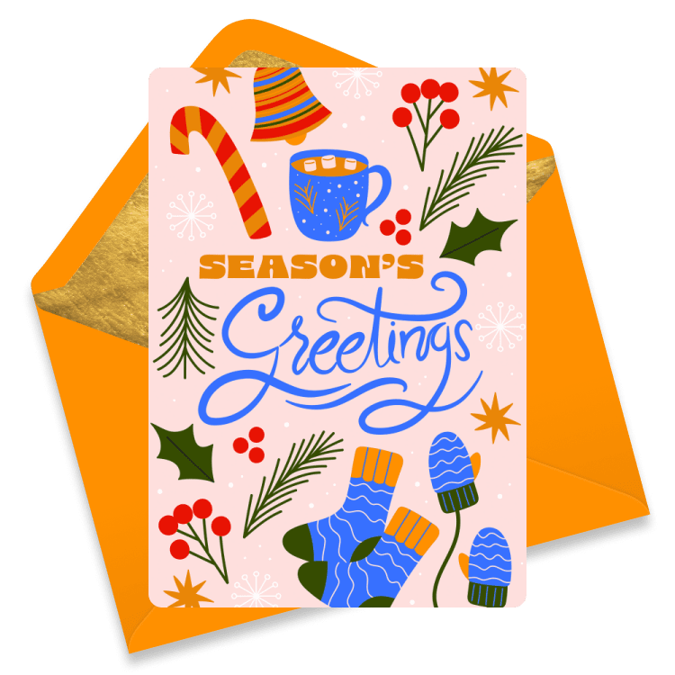 Christmas eCard with candy cane, bell, mug of cocoa, mittens, pine branches, holly, and the text 'Season's Greetings'. Bright festive colors with orange envelope.
