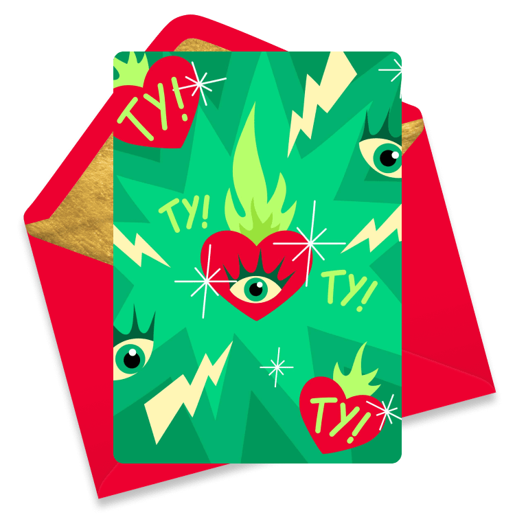 A bold thank you eCard featuring red hearts with green flames and eyes, lightning bolts, and playful 'TY!' text on a vibrant green background.