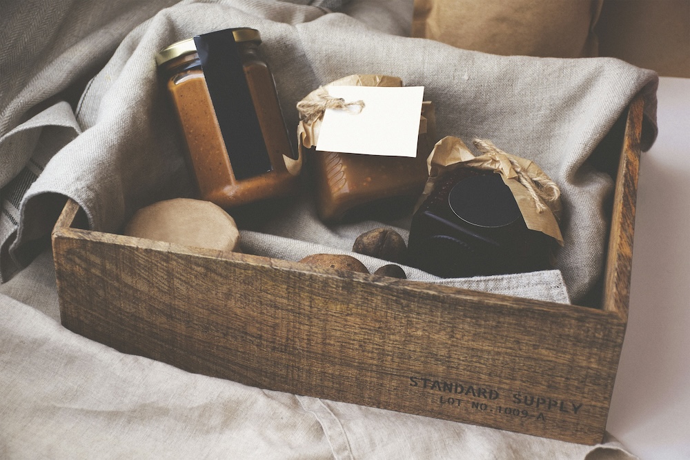Holiday gift box for employees full of homemade jams and sauces