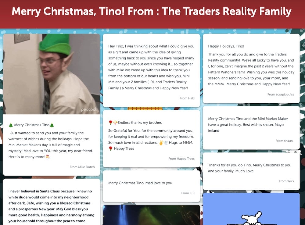 A holiday group card Kudoboard, displaying messages for the recipient