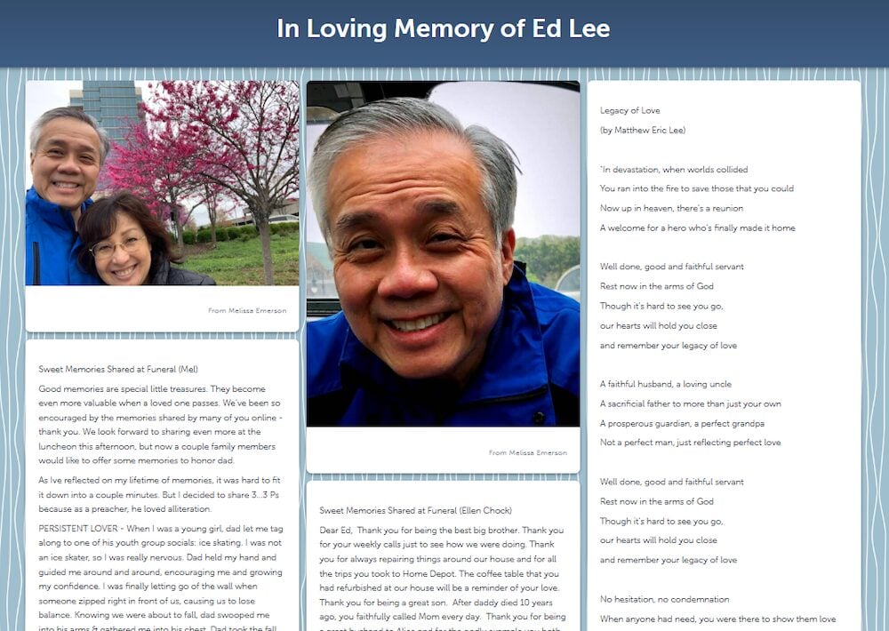 Digital memorial board for Ed Lee featuring smiling family photos and heartfelt written tributes celebrating his life.