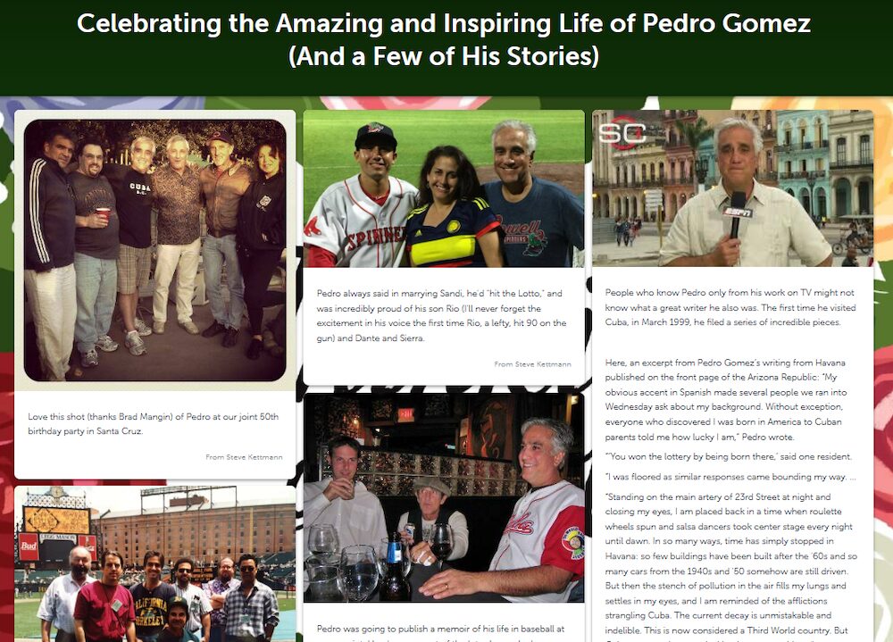 Online memorial board for Pedro Gomez with photos of him with friends, family, and colleagues alongside shared stories and memories.