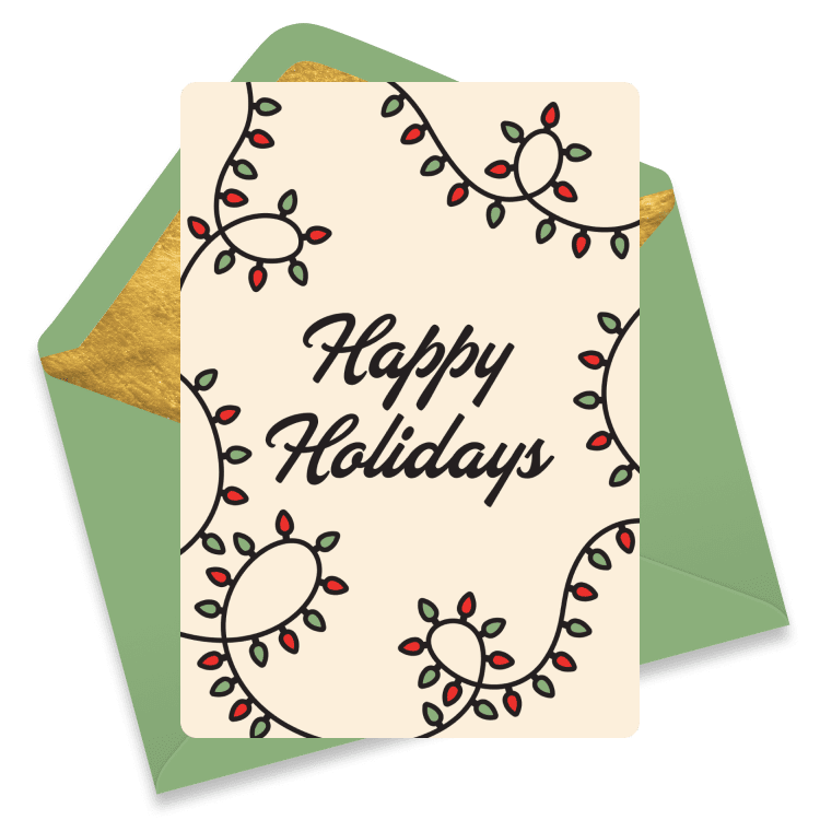 A holiday card with colorful string lights framing the words 'Happy Holidays'.