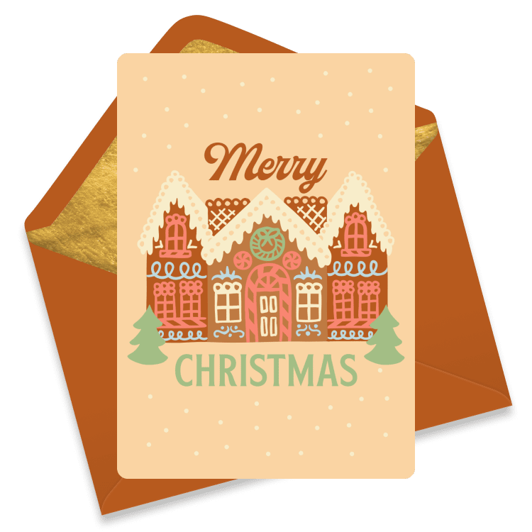 A Christmas card featuring a decorated gingerbread house with snow and trees reading 'Merry Christmas'.