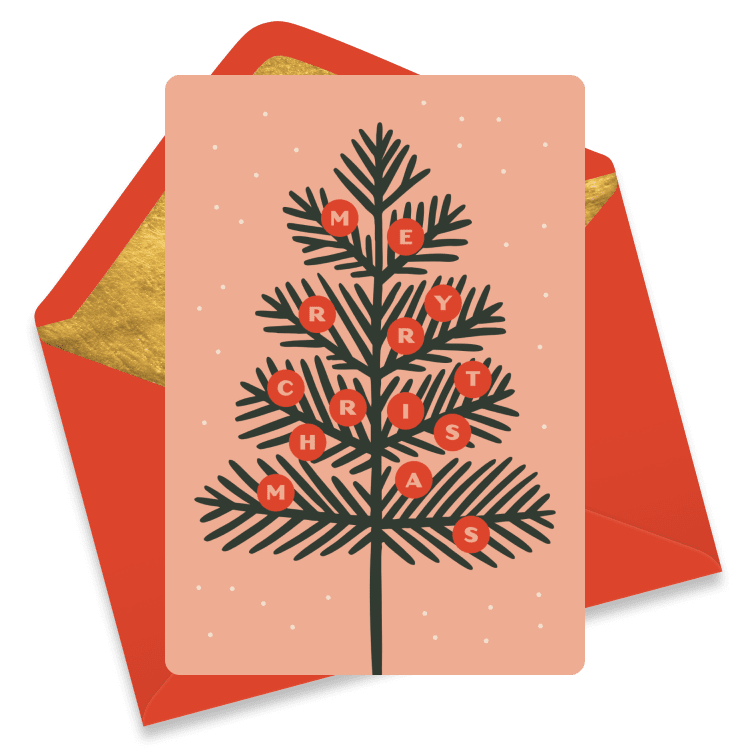 A minimalist Christmas card with a tree decorated with red ornaments spelling 'Merry Christmas'.