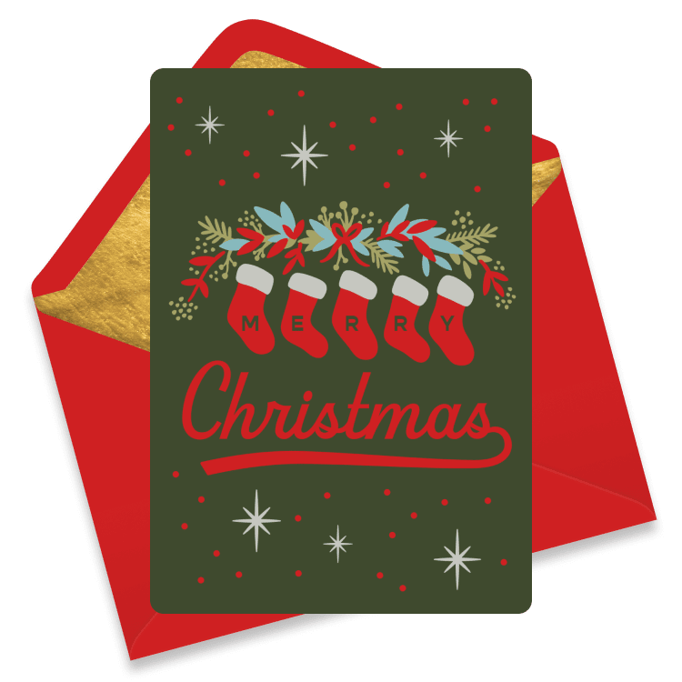A dark green Christmas card with hanging red stockings spelling 'Merry Christmas'.
