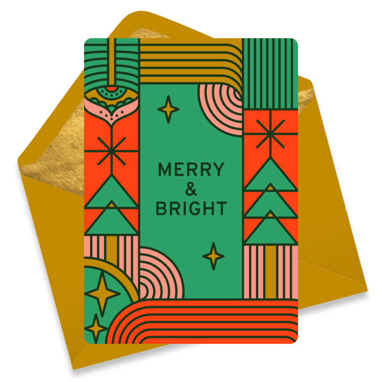 A modern Christmas card with geometric shapes in red, green, and yellow reading 'Merry & Bright'.